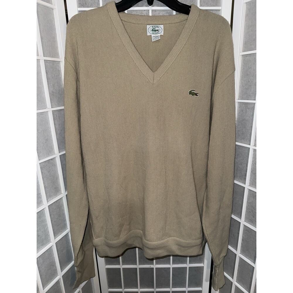 IZOD Lacoste Men's Cream V Neck Knit Sweater Croc Logo Sz Large Vintage Acrylic